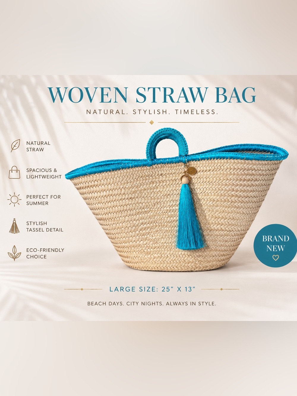 120% Lino Woven Straw Tote Bag with Turquoise Trim and Tassel